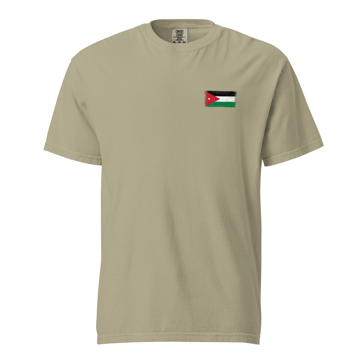 Jordan flag t-shirt in Khaki, vintage-washed print, small flag on the left chest, unisex cut, front view