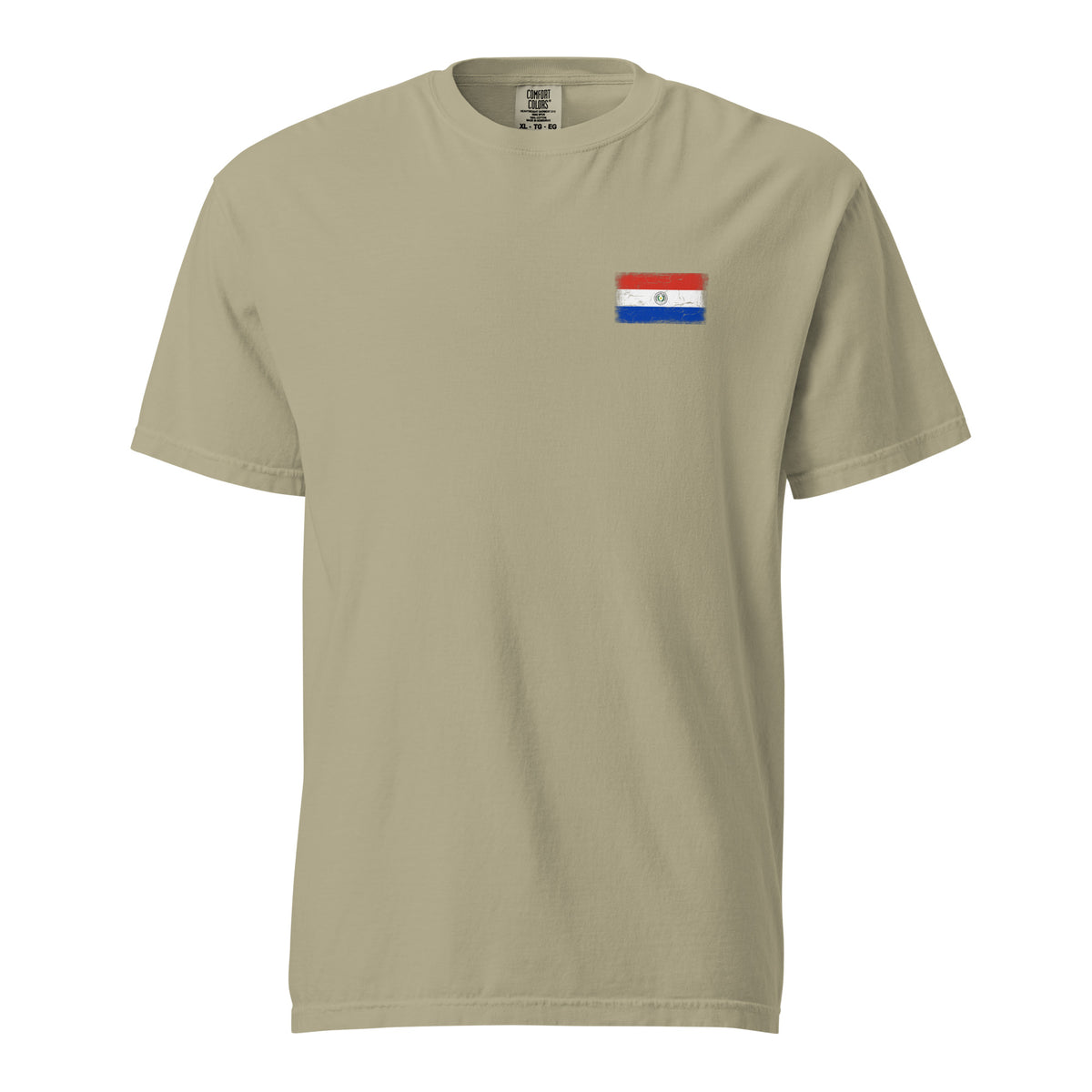 Paraguay flag t-shirt in Khaki, vintage-washed print, small flag on the left chest, unisex cut, front view