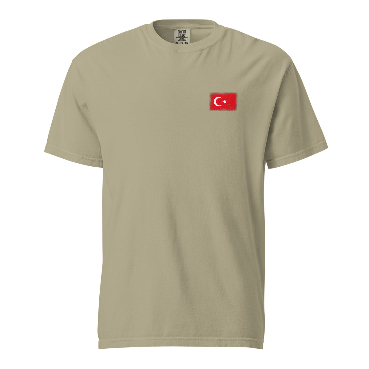 Turkey flag t-shirt in Khaki, vintage-washed print, small flag on the left chest, unisex cut, front view