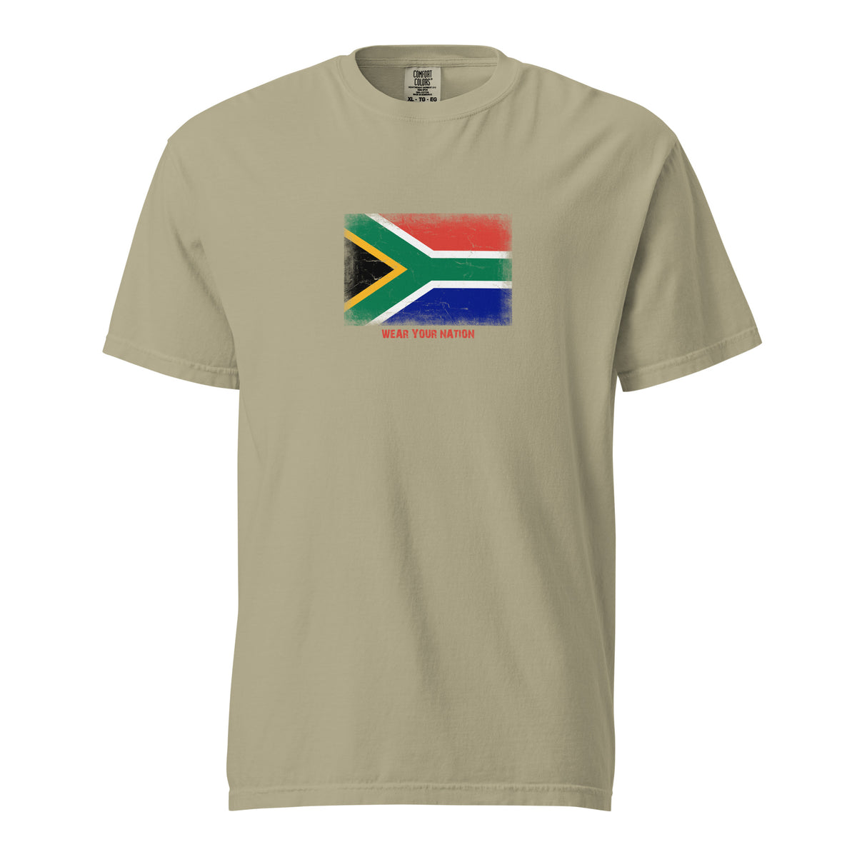 South Africa flag t-shirt in Khaki, vintage-washed print, large flag on the chest, unisex cut, front view