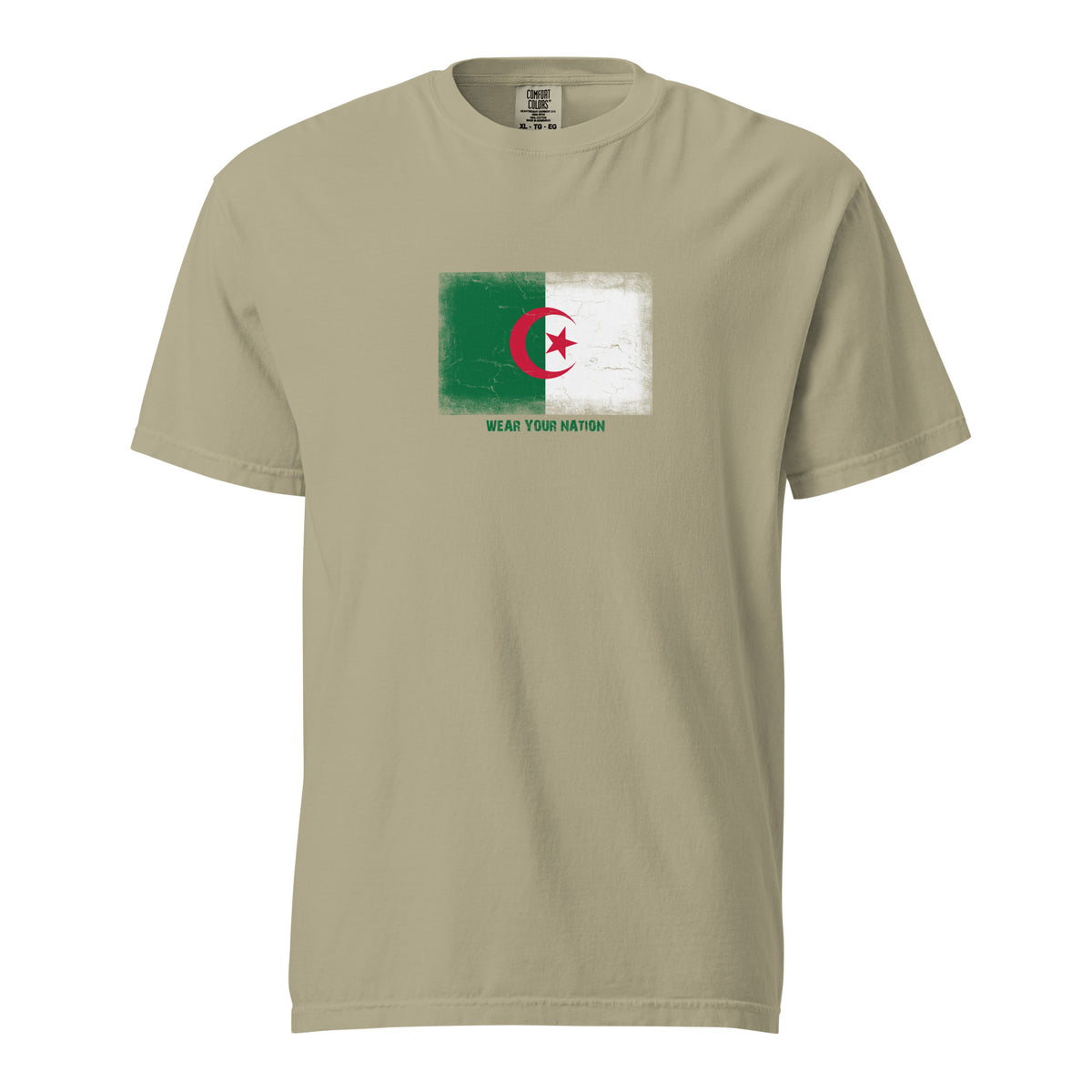 Algeria flag t-shirt in Khaki, vintage-washed print, large flag on the chest, unisex cut, front view