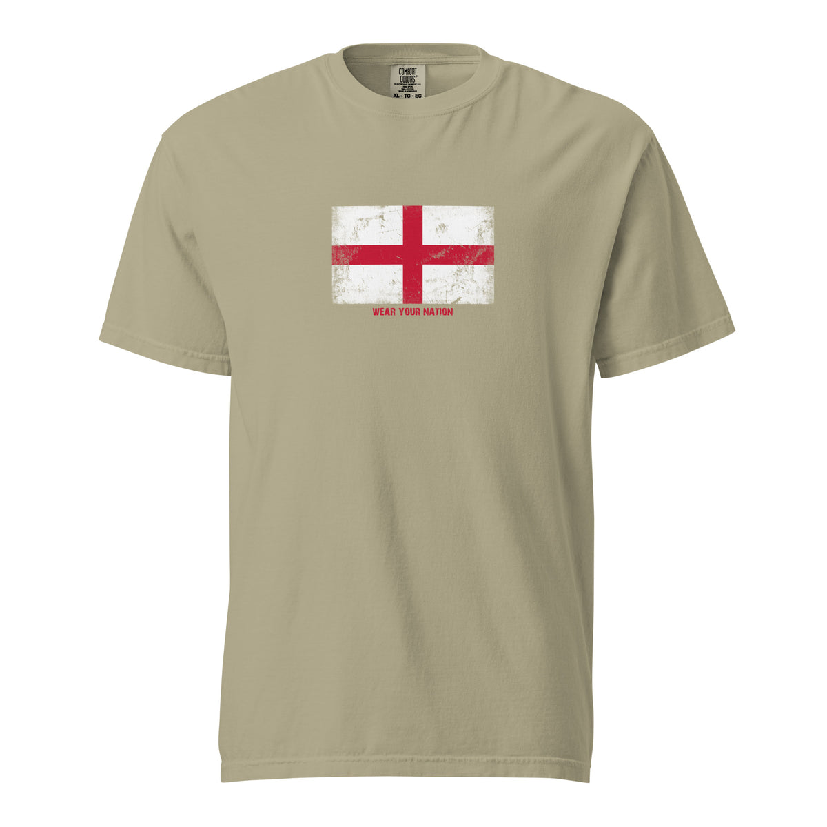 England flag t-shirt in Khaki, vintage-washed print, large flag on the chest, unisex cut, front view