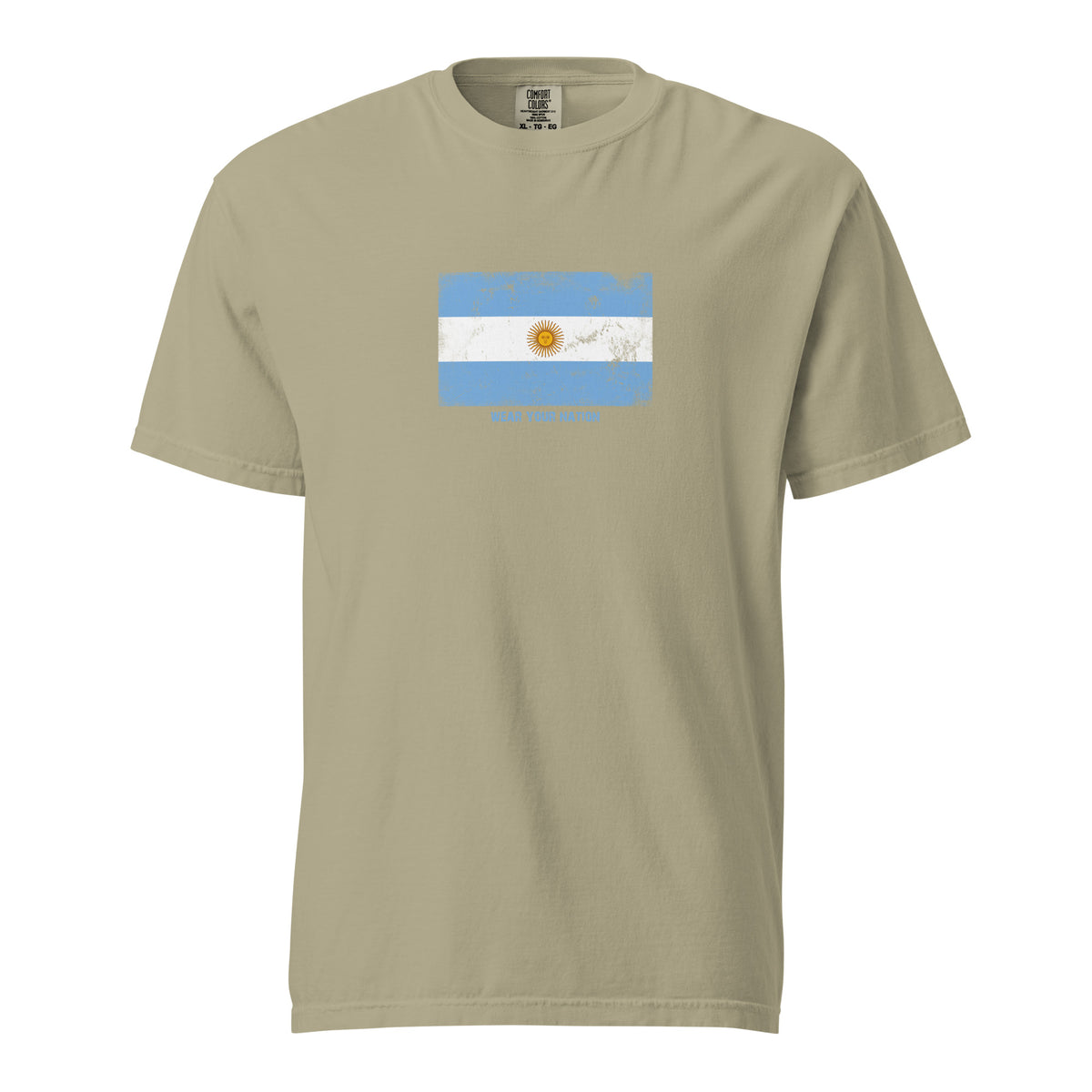 Argentina flag t-shirt in Khaki, vintage-washed print, large flag on the chest, unisex cut, front view