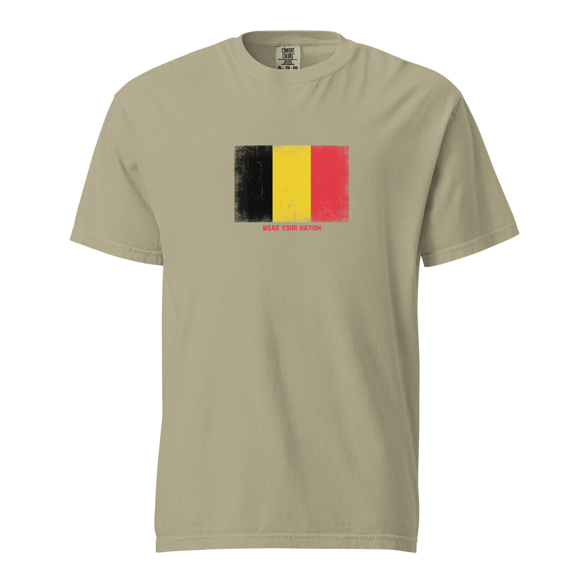 Belgium flag t-shirt in Khaki, vintage-washed print, large flag on the chest, unisex cut, front view
