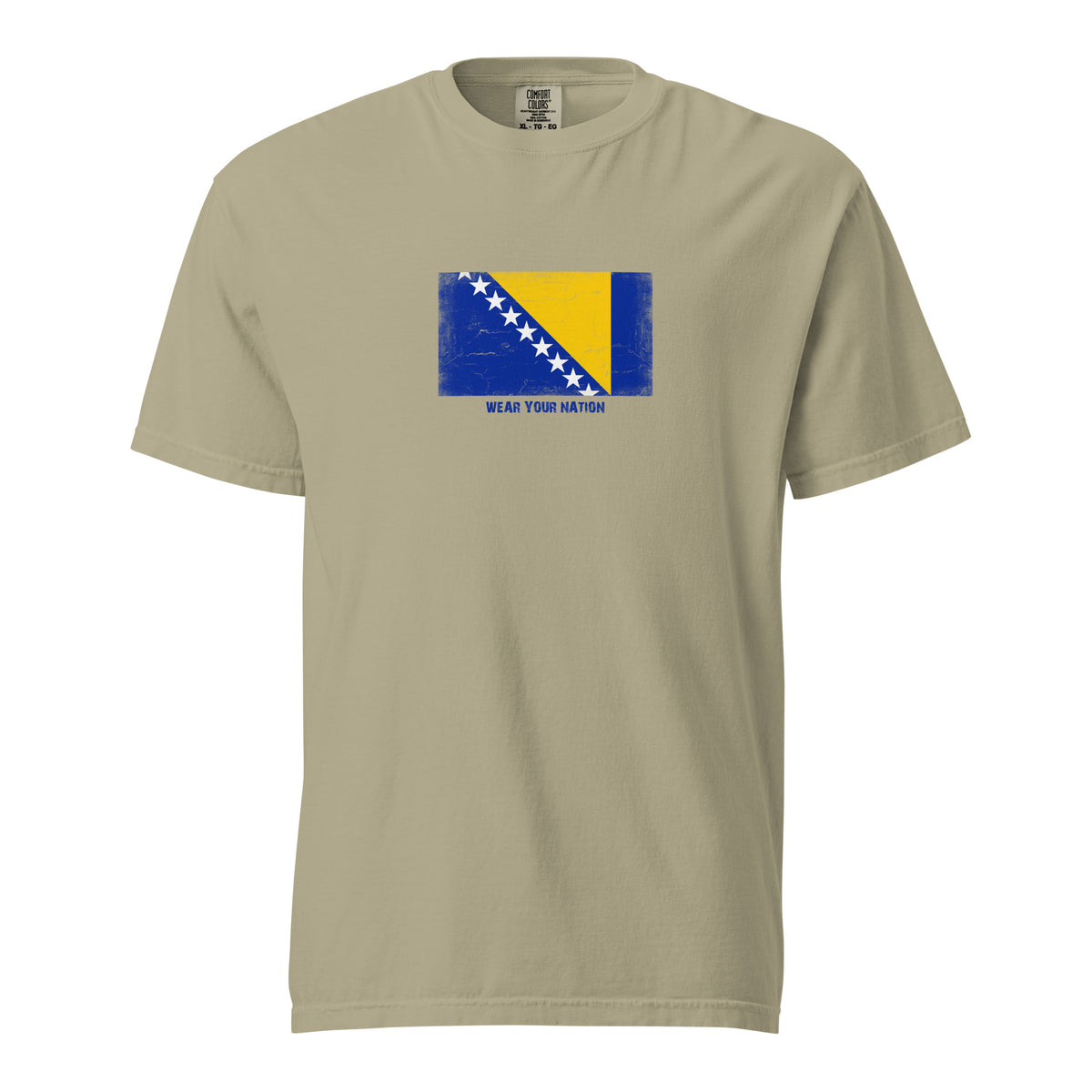 Bosnia and Herzegovina flag t-shirt in Khaki, vintage-washed print, large flag on the chest, unisex cut, front view