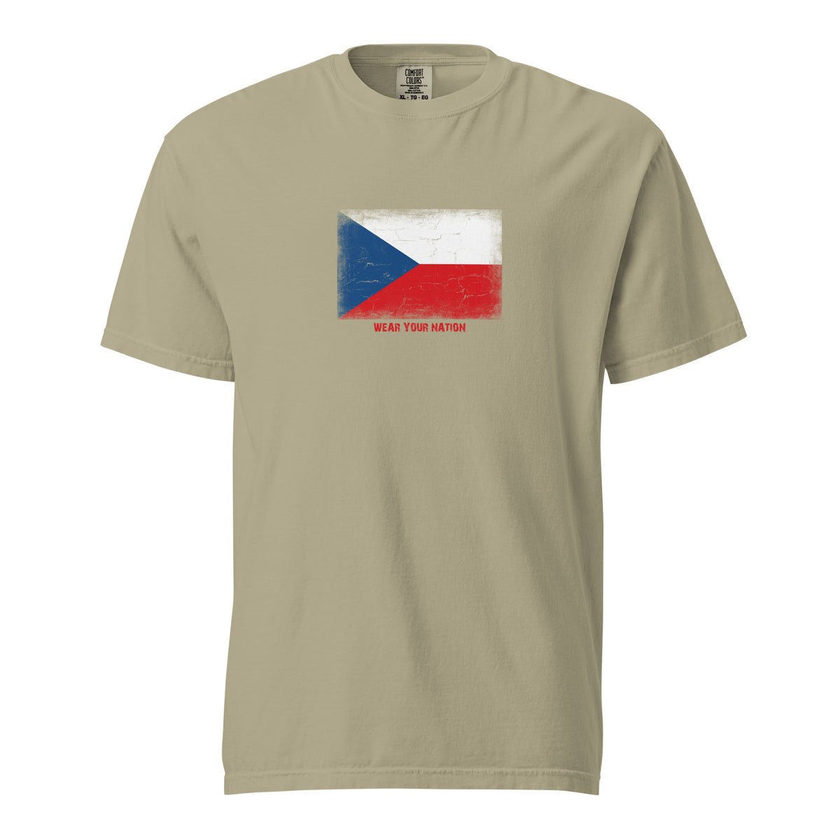 Czechia flag t-shirt in Khaki, vintage-washed print, large flag on the chest, unisex cut, front view