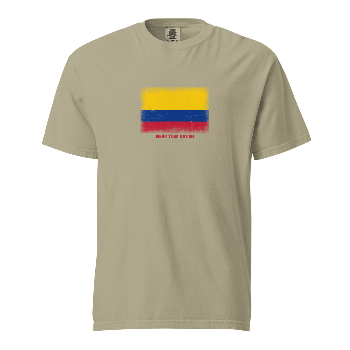 Colombia flag t-shirt in Khaki, vintage-washed print, large flag on the chest, unisex cut, front view