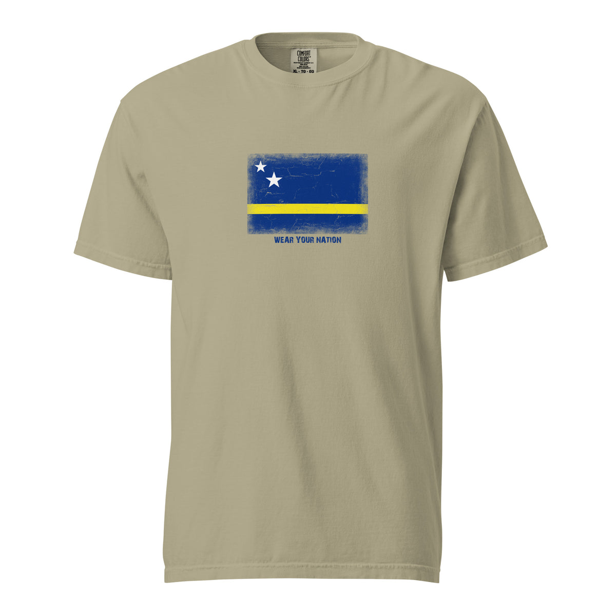 Curaçao flag t-shirt in Khaki, vintage-washed print, large flag on the chest, unisex cut, front view