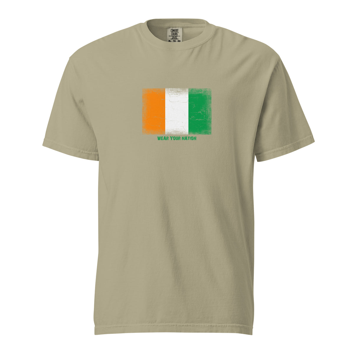 Côte d'Ivoire flag t-shirt in Khaki, vintage-washed print, large flag on the chest, unisex cut, front view