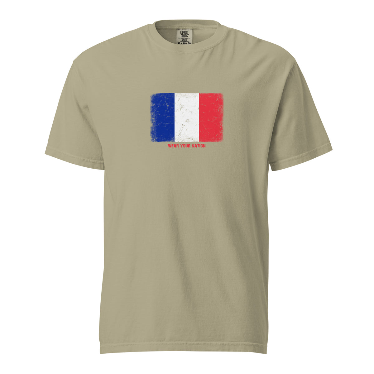 France flag t-shirt in Khaki, vintage-washed print, large flag on the chest, unisex cut, front view