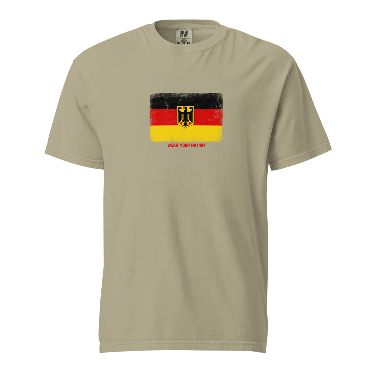 Germany flag t-shirt in Khaki, vintage-washed print, large flag on the chest, unisex cut, front view