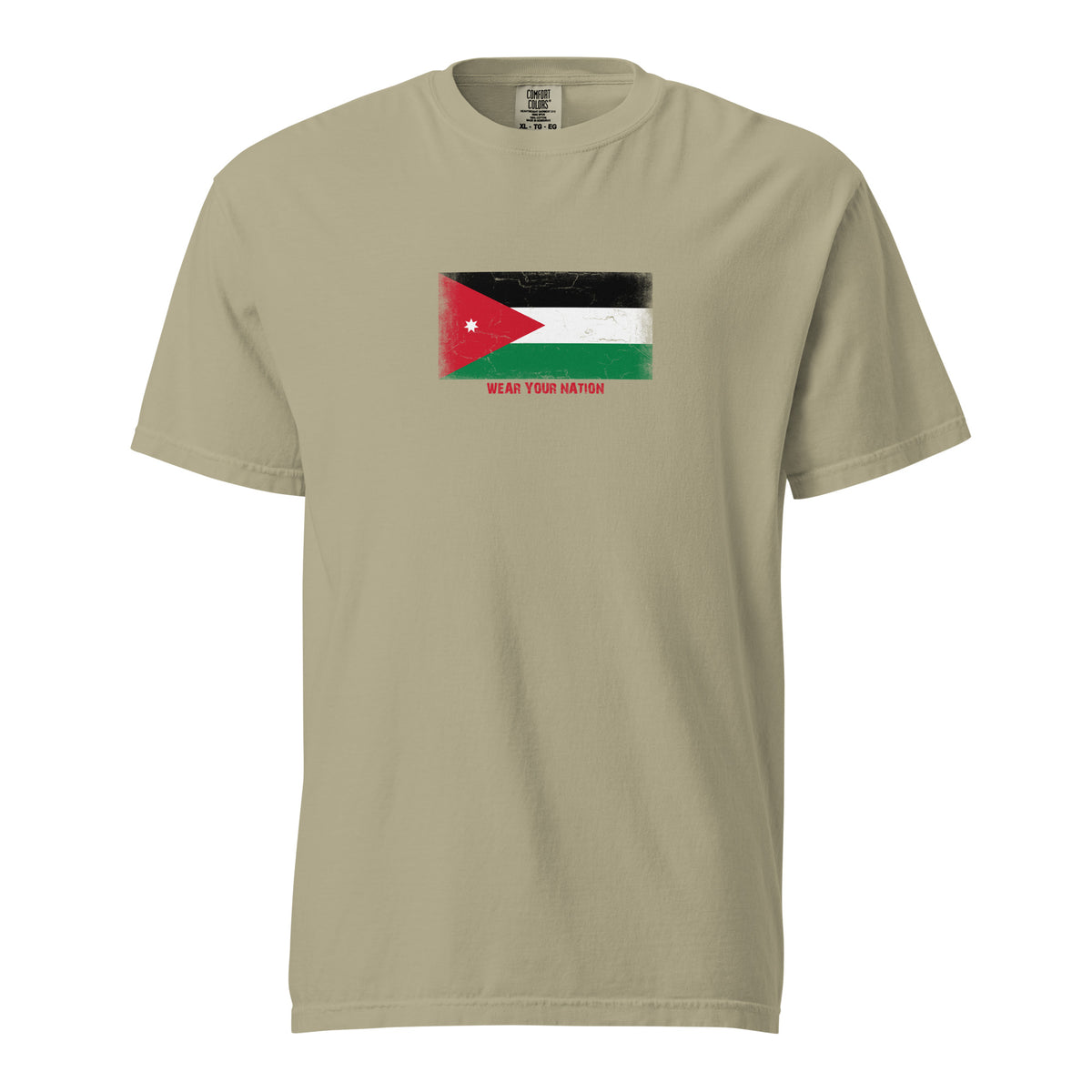 Jordan flag t-shirt in Khaki, vintage-washed print, large flag on the chest, unisex cut, front view