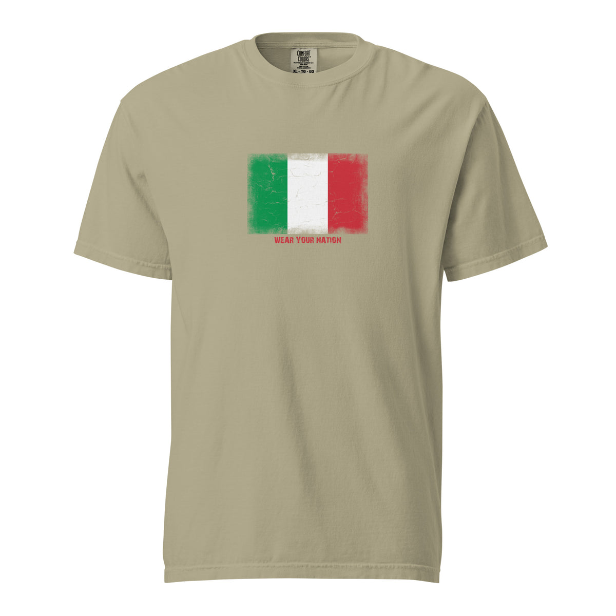 Italy flag t-shirt in Khaki, vintage-washed print, large flag on the chest, unisex cut, front view