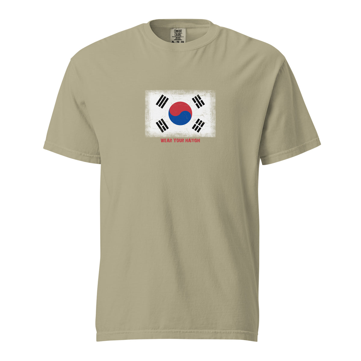 South Korea flag t-shirt in Khaki, vintage-washed print, large flag on the chest, unisex cut, front view