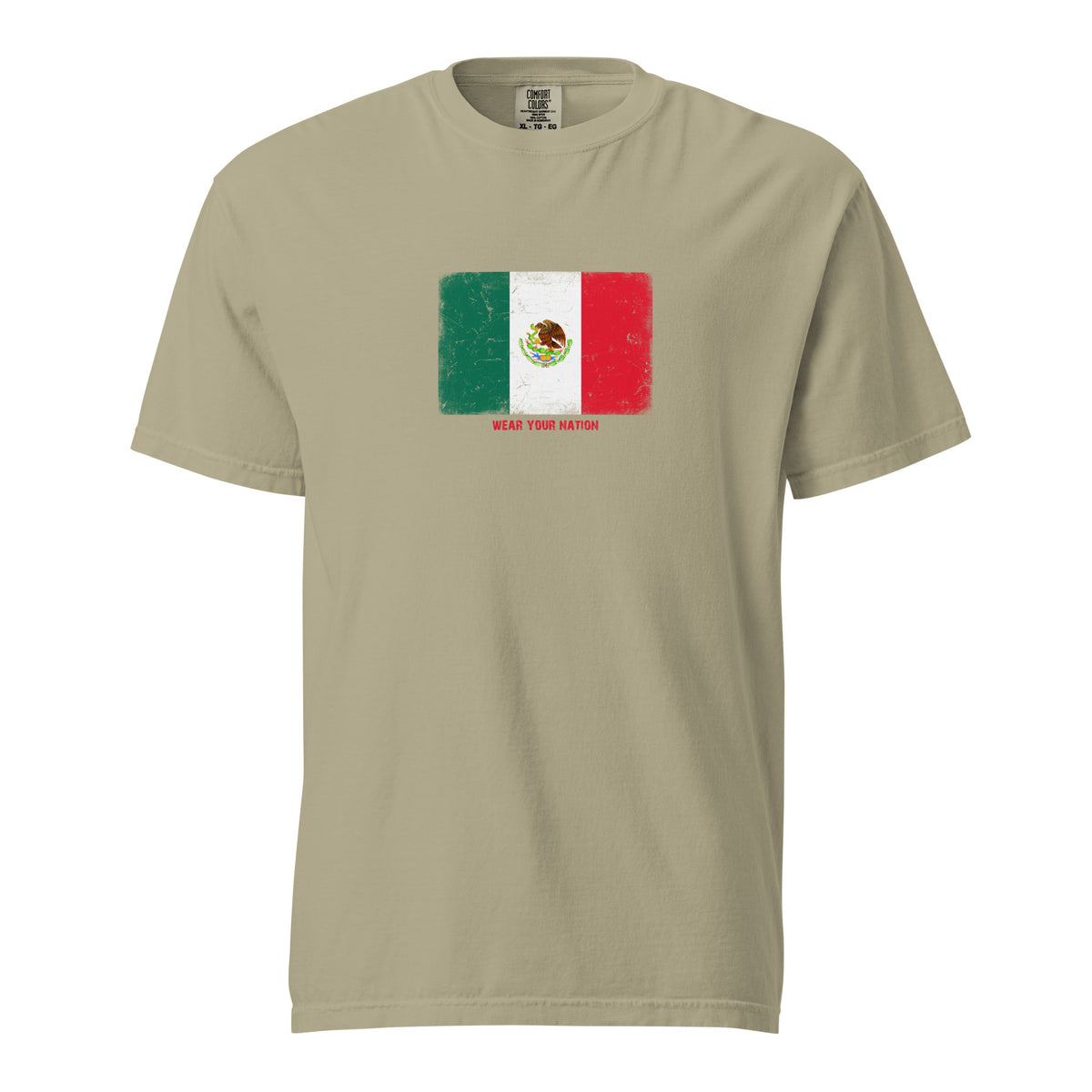 Mexico flag t-shirt in Khaki, vintage-washed print, large flag on the chest, unisex cut, front view