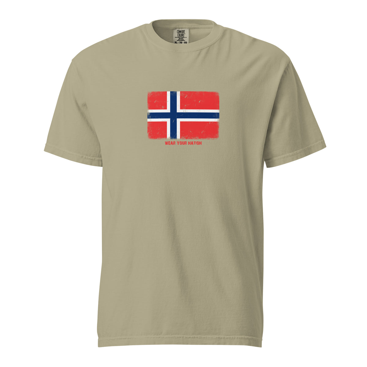 Norway flag t-shirt in Khaki, vintage-washed print, large flag on the chest, unisex cut, front view