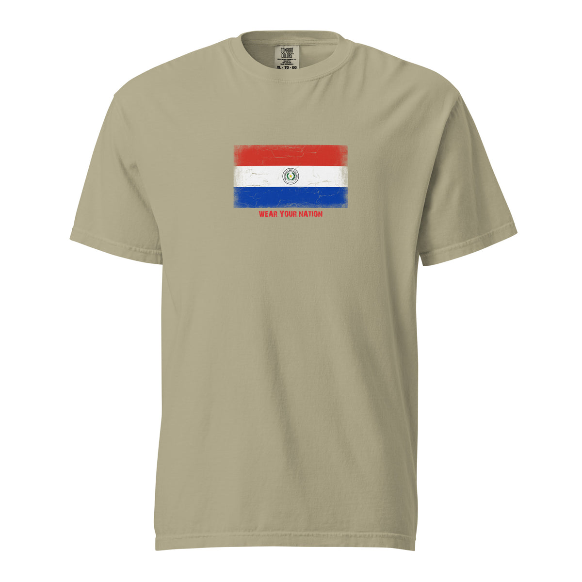Paraguay flag t-shirt in Khaki, vintage-washed print, large flag on the chest, unisex cut, front view