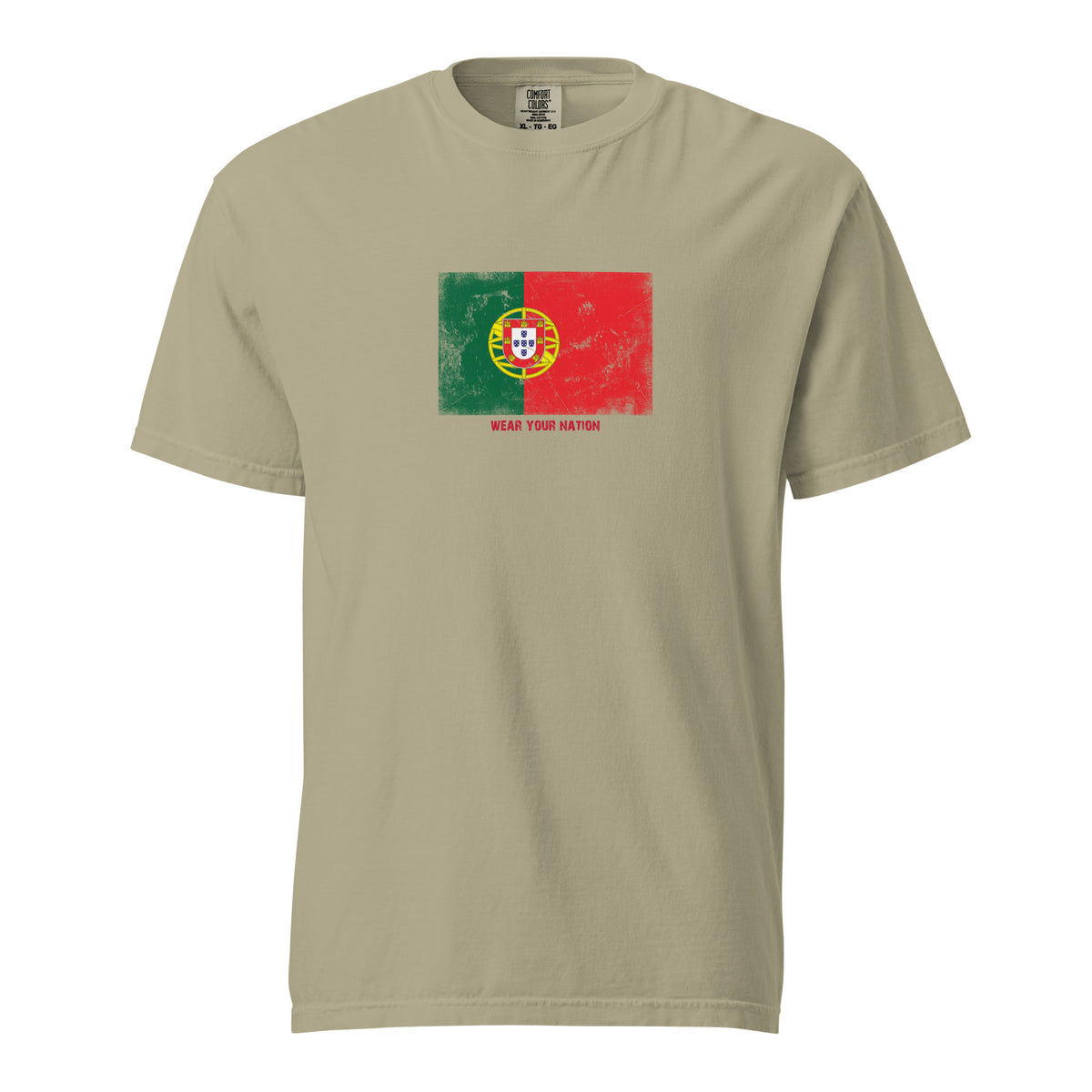 Portugal flag t-shirt in Khaki, vintage-washed print, large flag on the chest, unisex cut, front view
