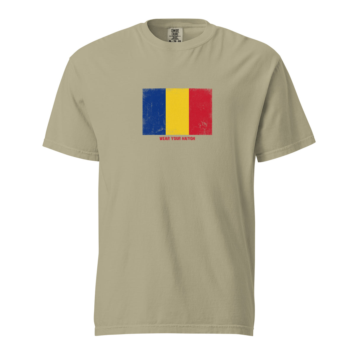 Romania flag t-shirt in Khaki, vintage-washed print, large flag on the chest, unisex cut, front view