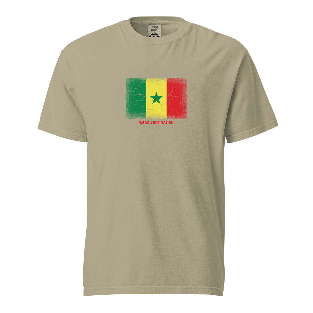 Senegal flag t-shirt in Khaki, vintage-washed print, large flag on the chest, unisex cut, front view