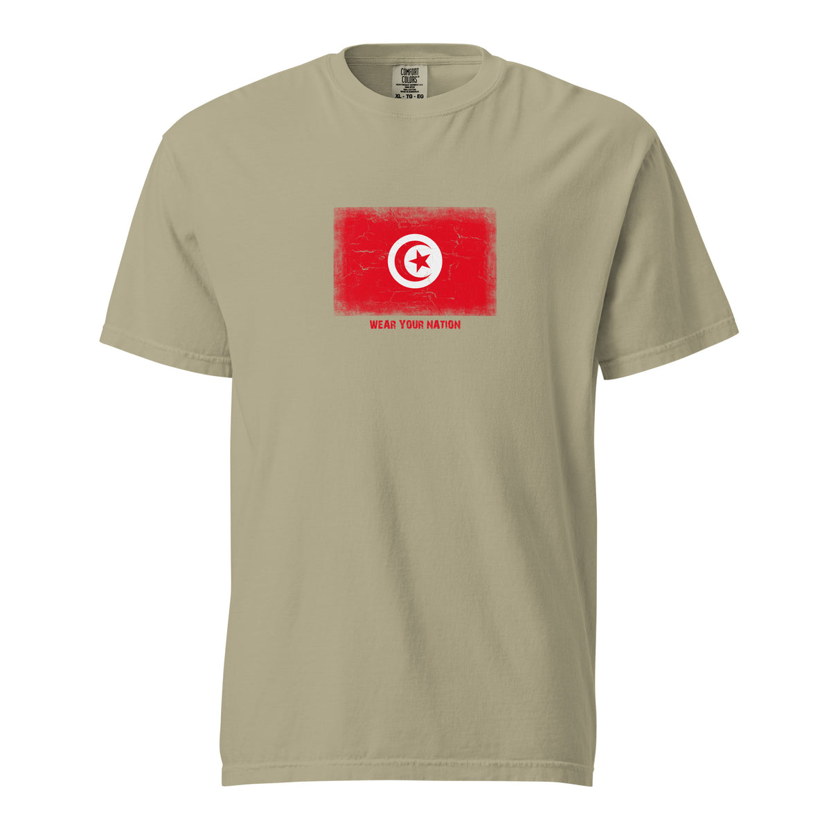 Tunisia flag t-shirt in Khaki, vintage-washed print, large flag on the chest, unisex cut, front view