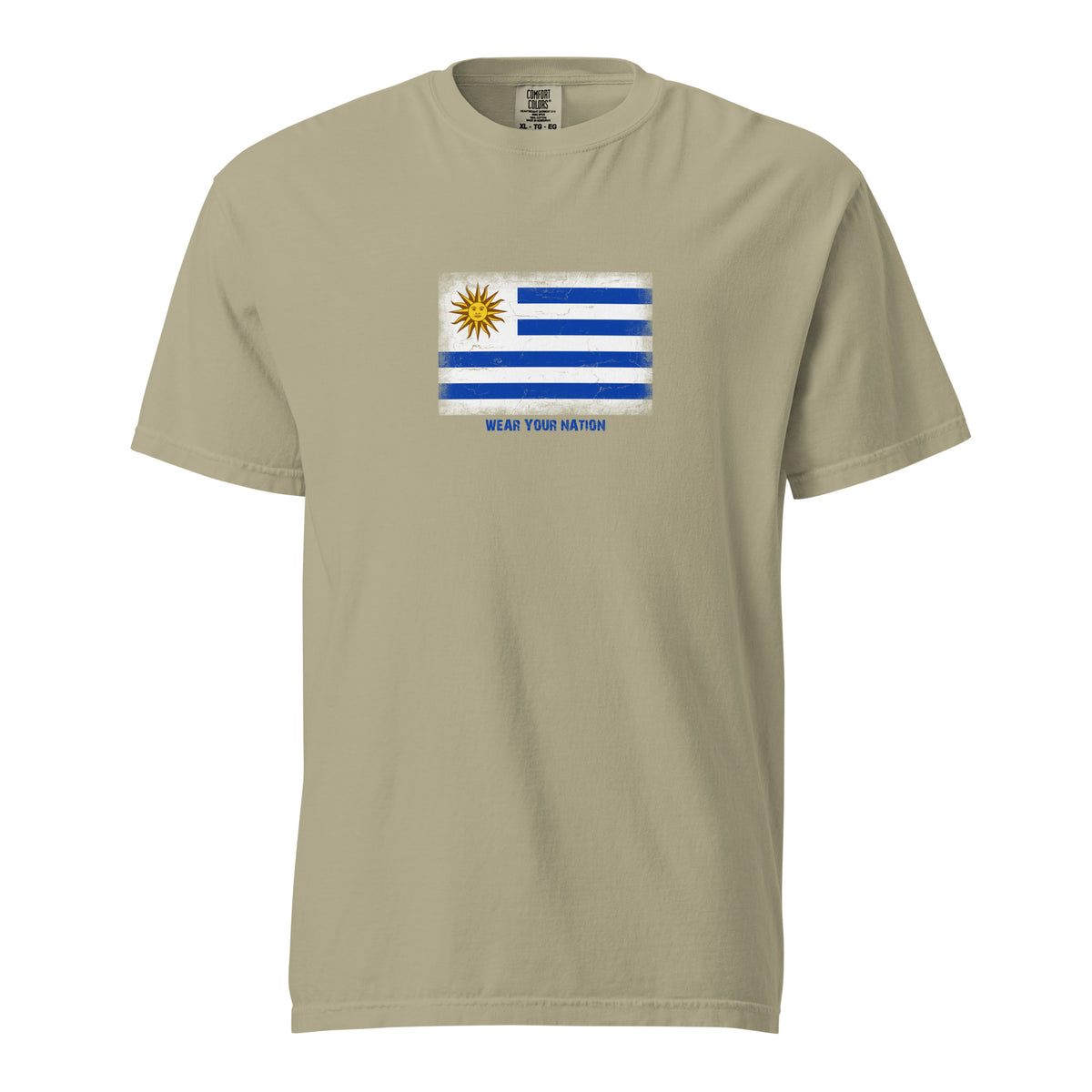 Uruguay flag t-shirt in Khaki, vintage-washed print, large flag on the chest, unisex cut, front view