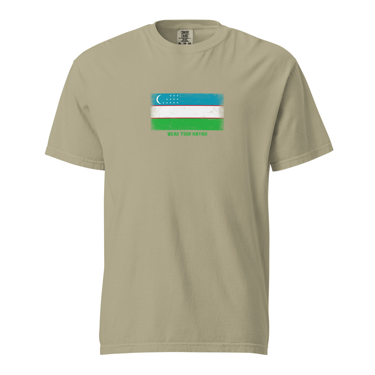 Uzbekistan flag t-shirt in Khaki, vintage-washed print, large flag on the chest, unisex cut, front view