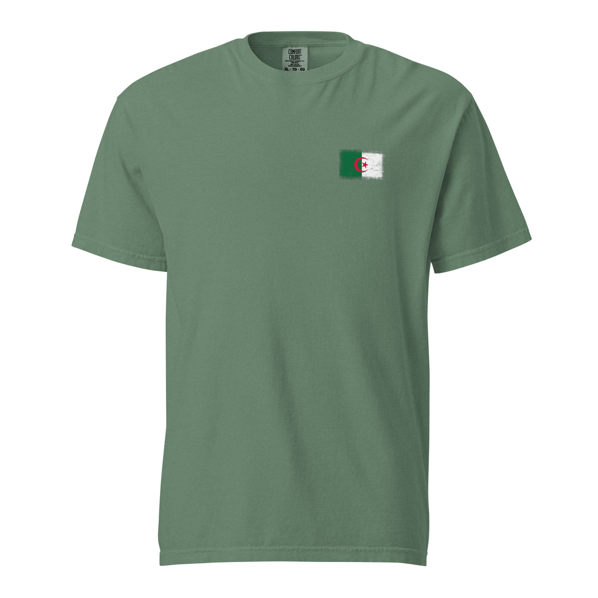 Algeria flag t-shirt in Light Green, vintage-washed print, small flag on the left chest, unisex cut, front view