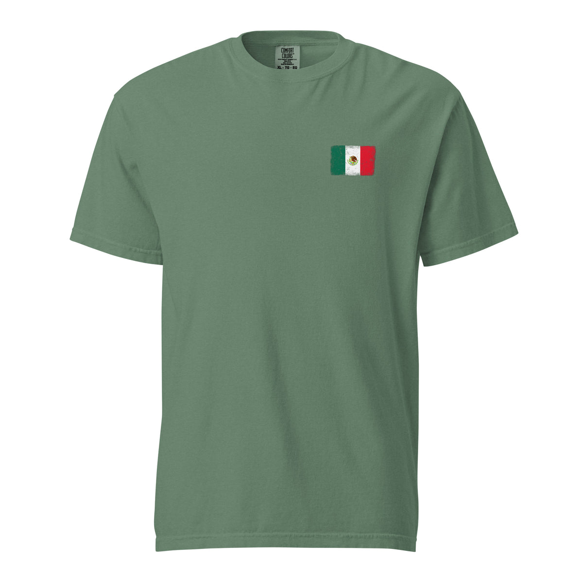 Mexico flag t-shirt in Light Green, vintage-washed print, small flag on the left chest, unisex cut, front view