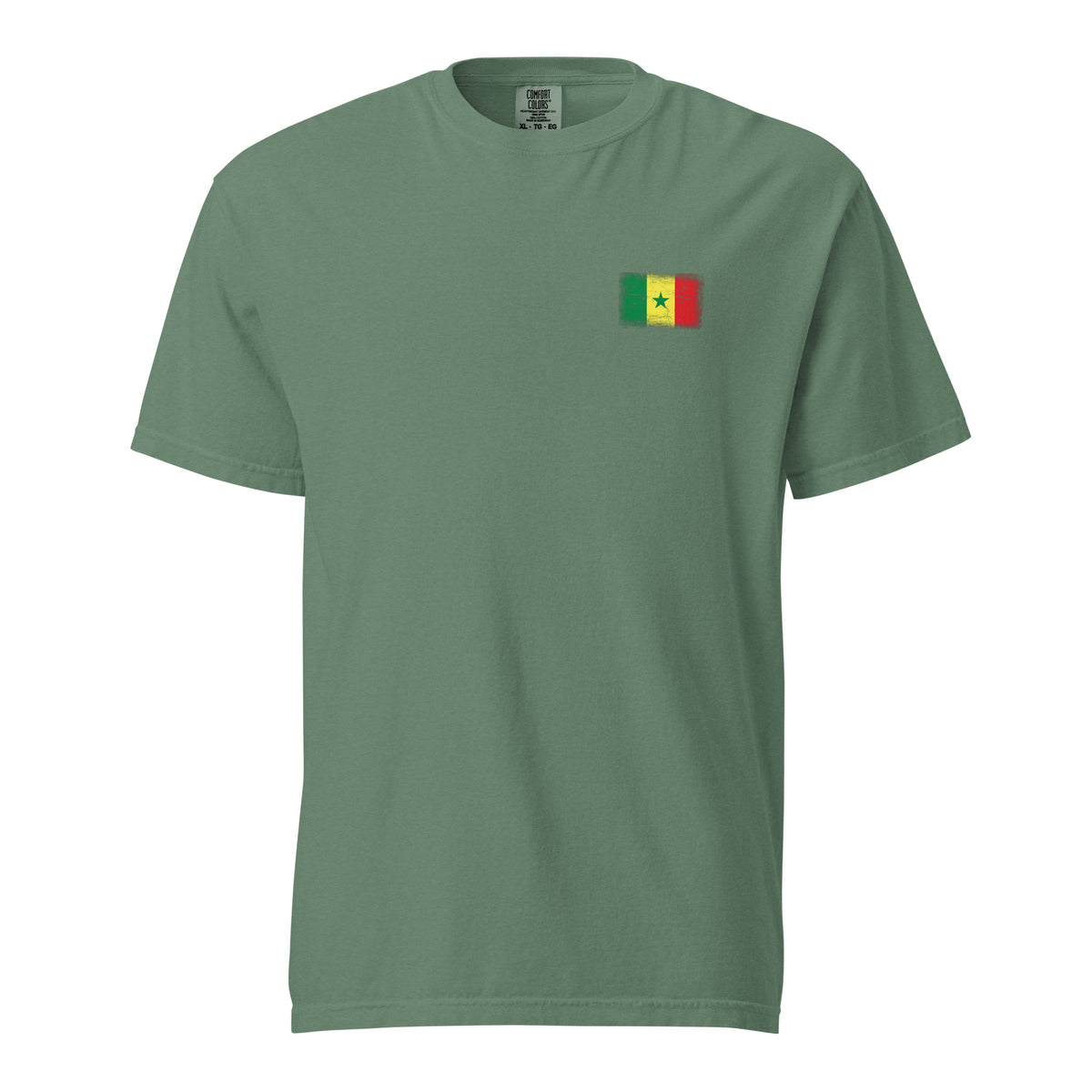 Senegal flag t-shirt in Light Green, vintage-washed print, small flag on the left chest, unisex cut, front view