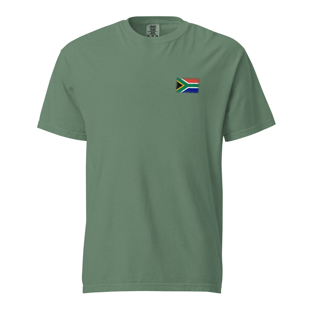 South Africa flag t-shirt in Light Green, vintage-washed print, small flag on the left chest, unisex cut, front view