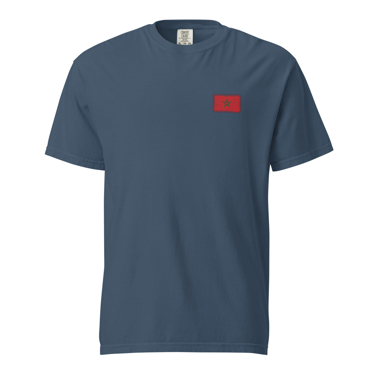 Morocco flag t-shirt in Midnight, vintage-washed print, small flag on the left chest, unisex cut, front view