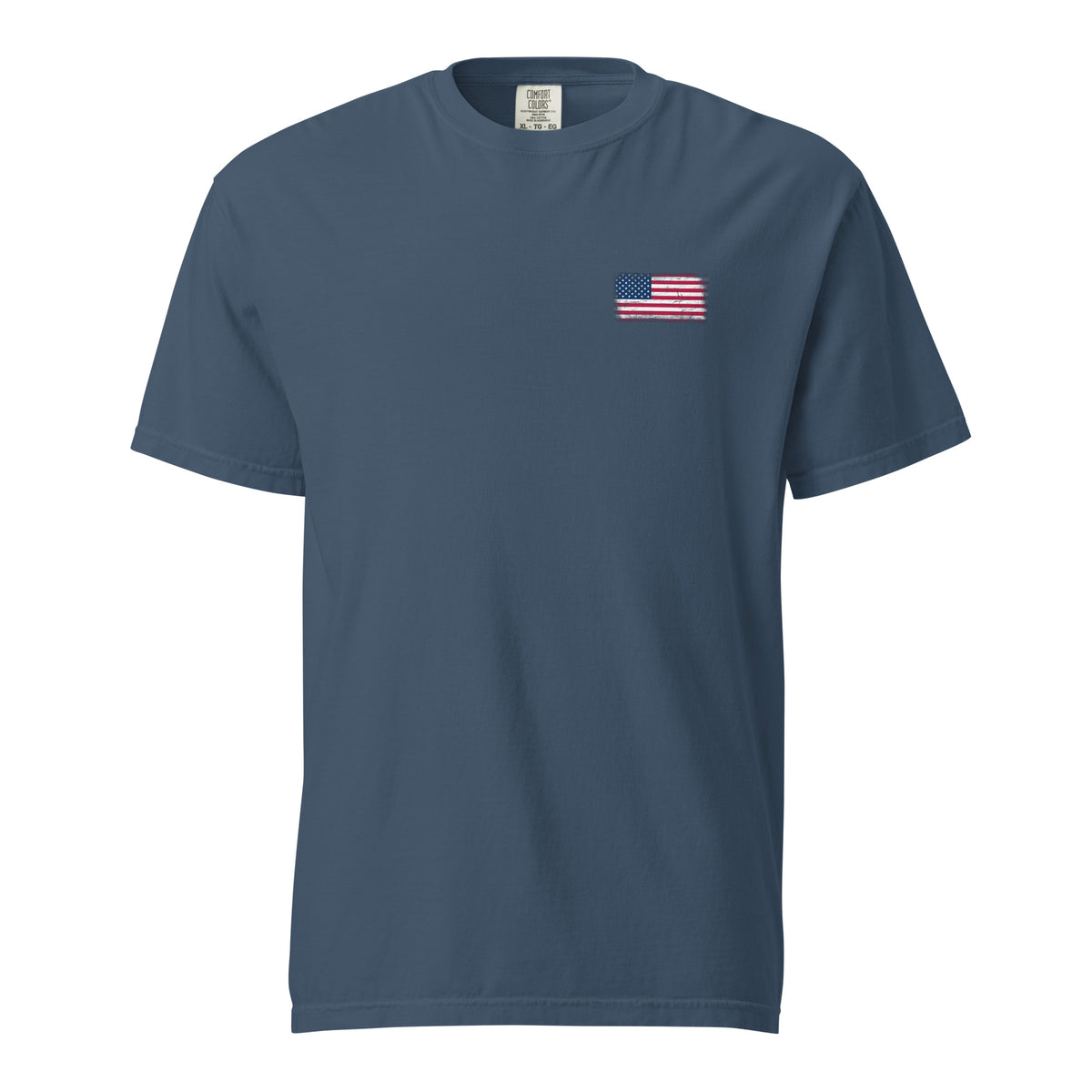 USA flag t-shirt in Midnight, vintage-washed print, small flag on the left chest, unisex cut, front view