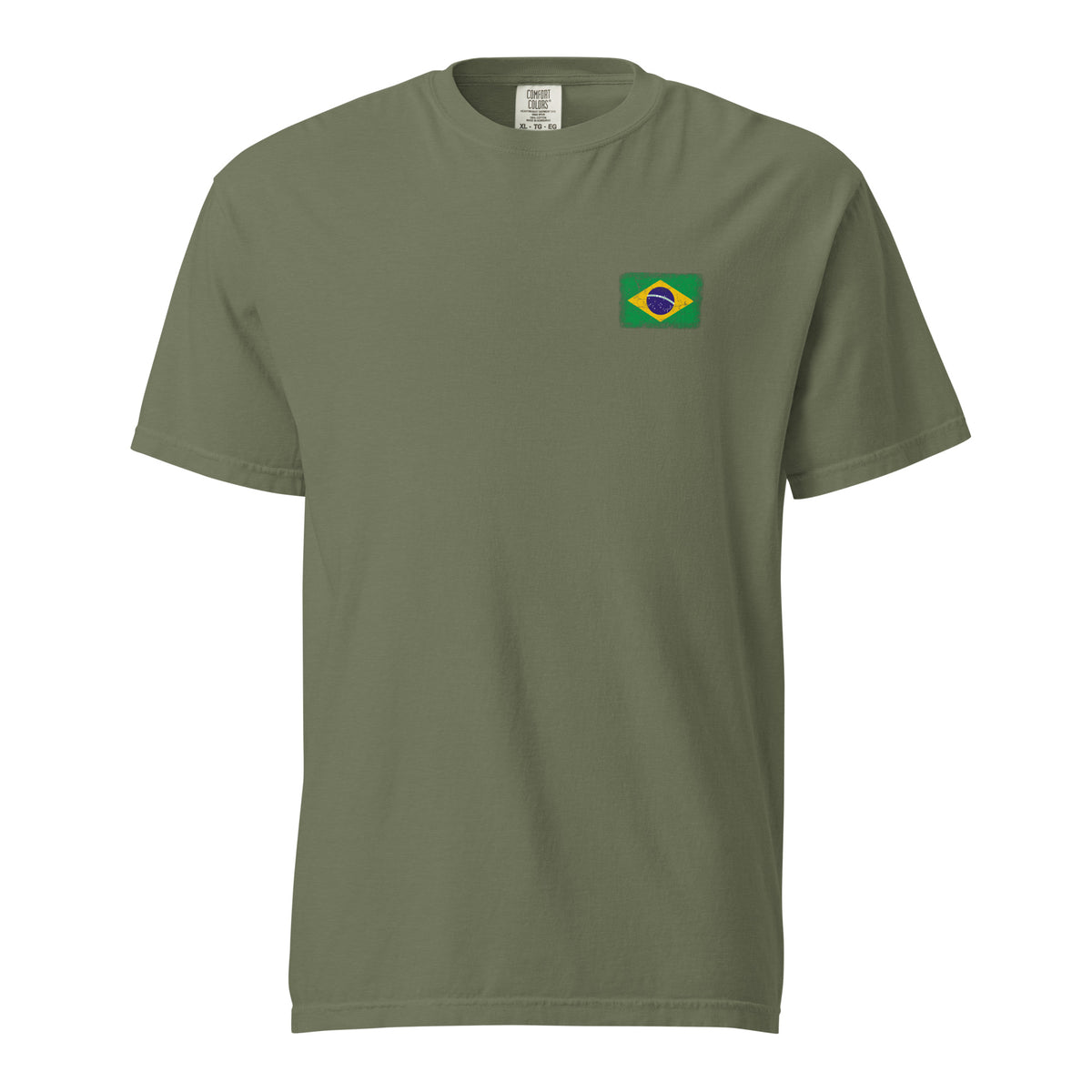 Brasil flag t-shirt in Moss, vintage-washed print, small flag on the left chest, unisex cut, front view