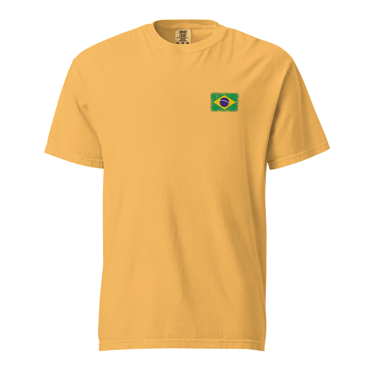 Brasil flag t-shirt in Mustard, vintage-washed print, small flag on the left chest, unisex cut, front view