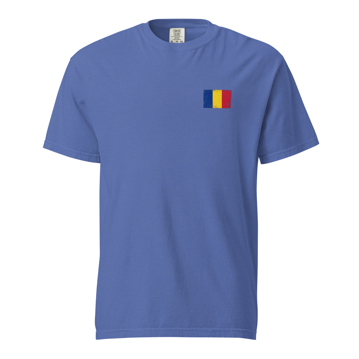 Romania flag t-shirt in Mystic Blue, vintage-washed print, small flag on the left chest, unisex cut, front view