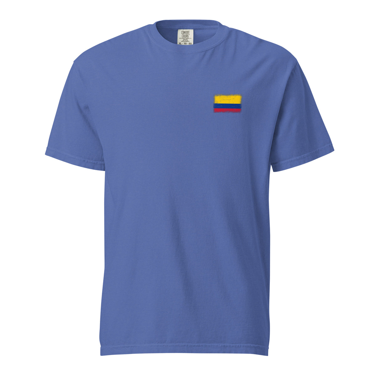 Colombia flag t-shirt in Mystic Blue, vintage-washed print, small flag on the left chest, unisex cut, front view