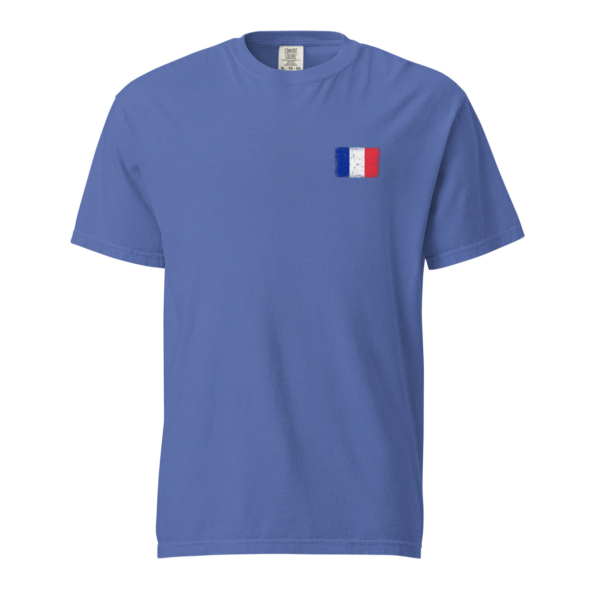 France flag t-shirt in Mystic Blue, vintage-washed print, small flag on the left chest, unisex cut, front view