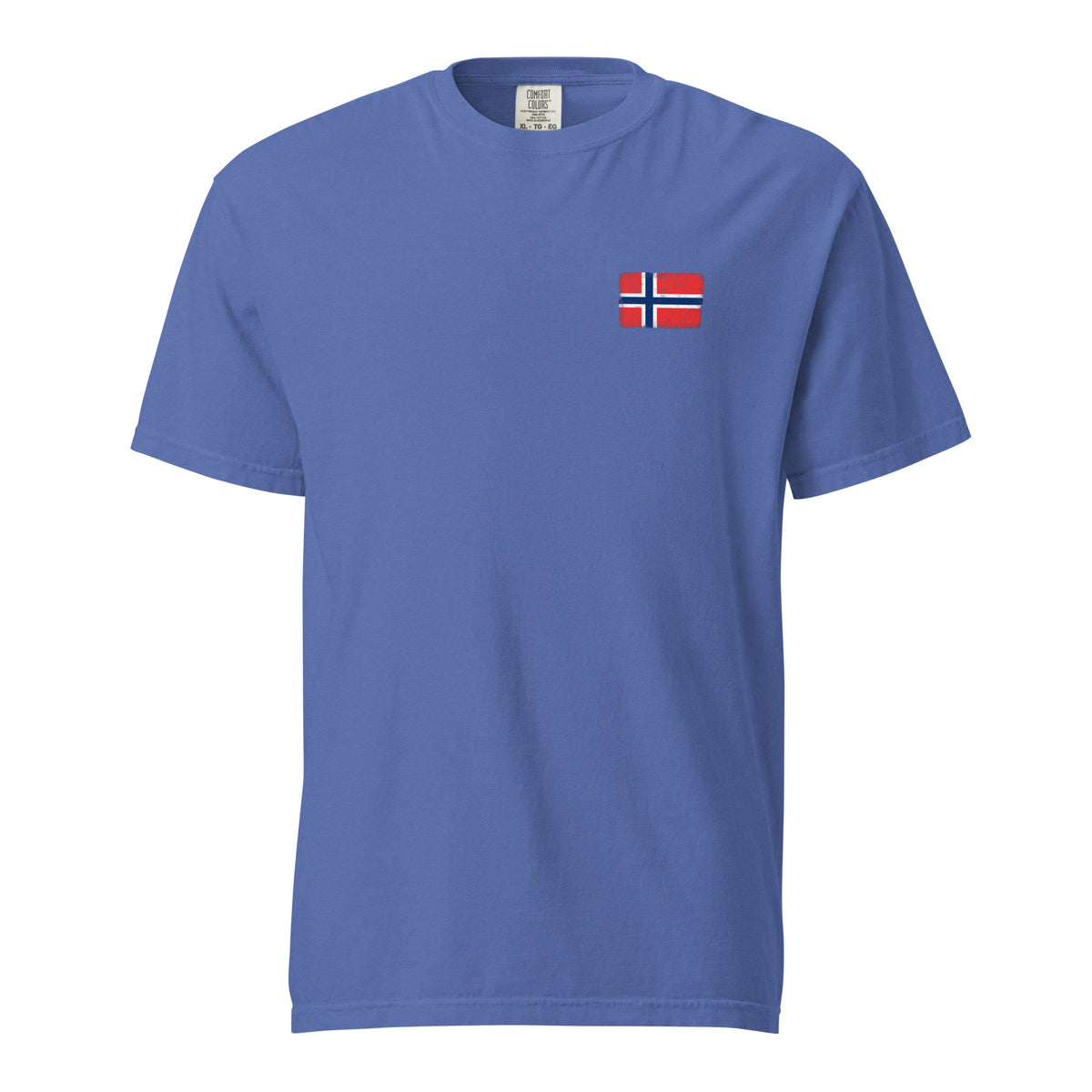 Norway flag t-shirt in Mystic Blue, vintage-washed print, small flag on the left chest, unisex cut, front view