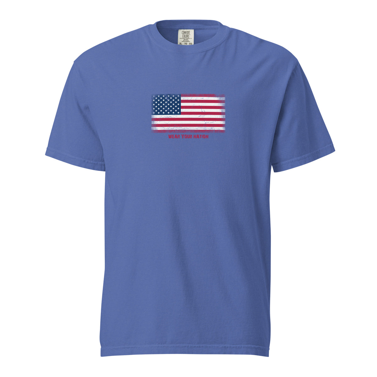 USA flag t-shirt in Mystic Blue, vintage-washed print, large flag on the chest, unisex cut, front view
