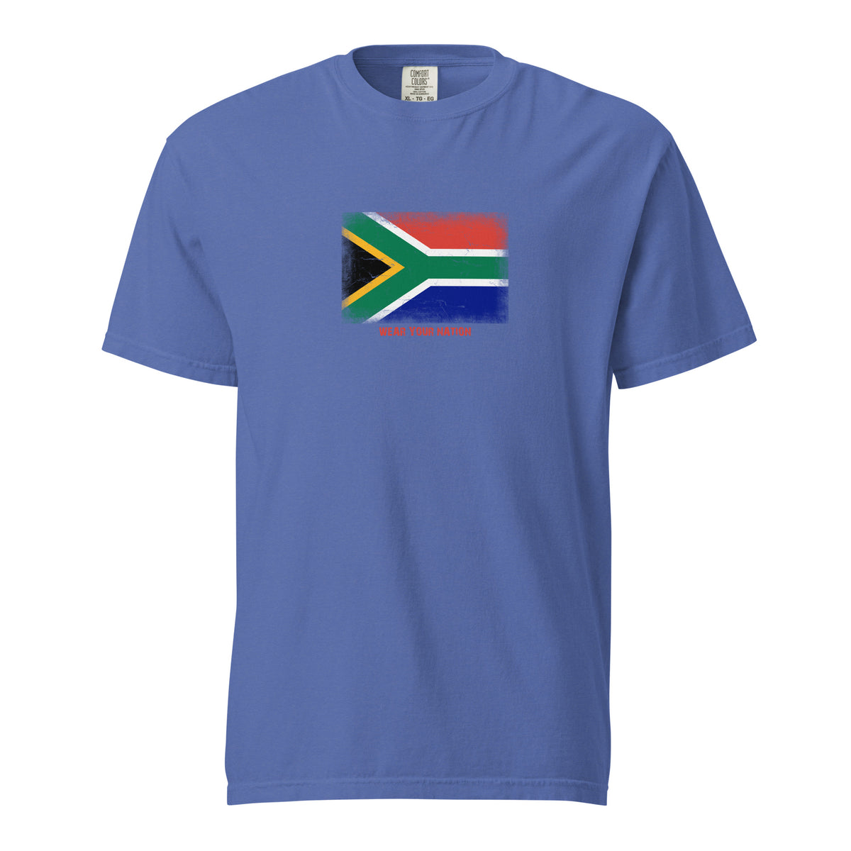 South Africa flag t-shirt in Mystic Blue, vintage-washed print, large flag on the chest, unisex cut, front view