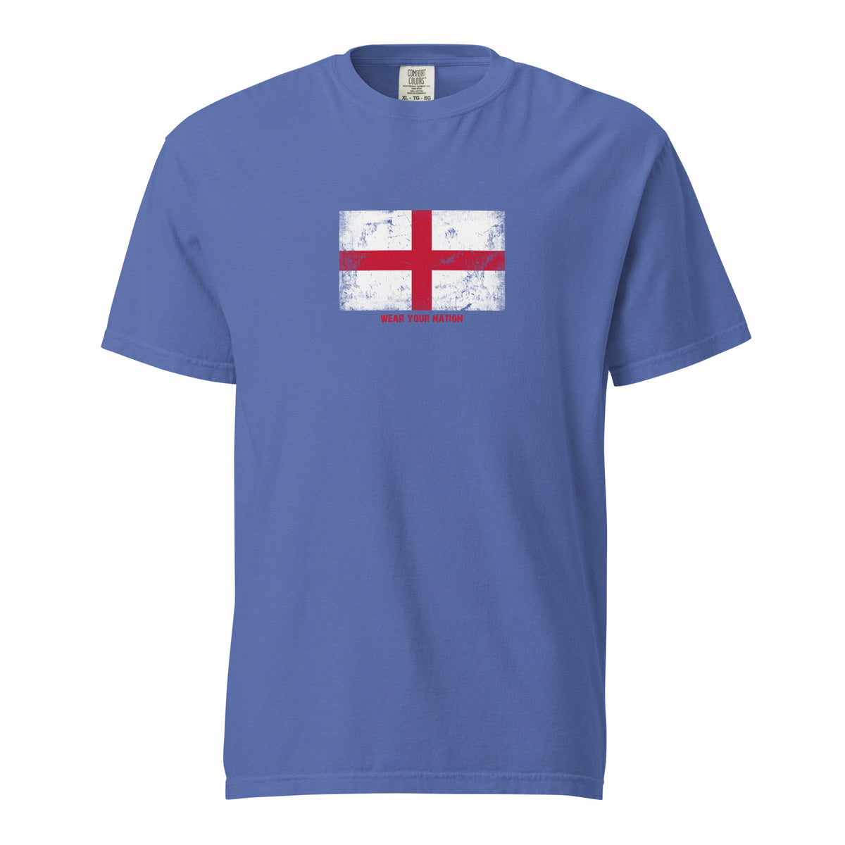 England flag t-shirt in Mystic Blue, vintage-washed print, large flag on the chest, unisex cut, front view
