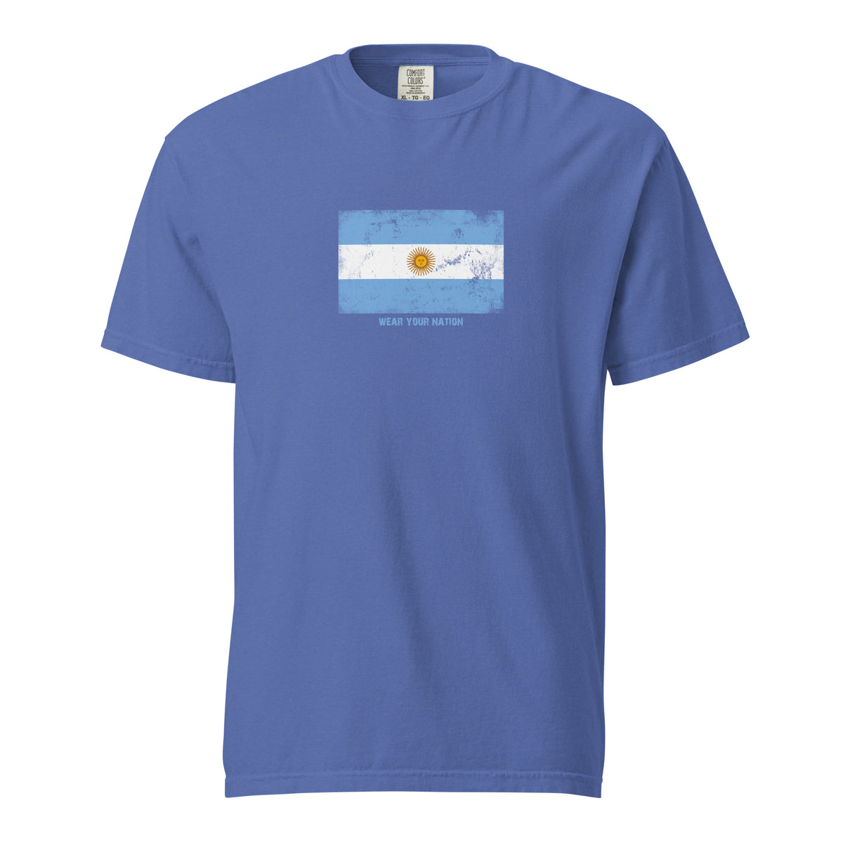 Argentina flag t-shirt in Mystic Blue, vintage-washed print, large flag on the chest, unisex cut, front view