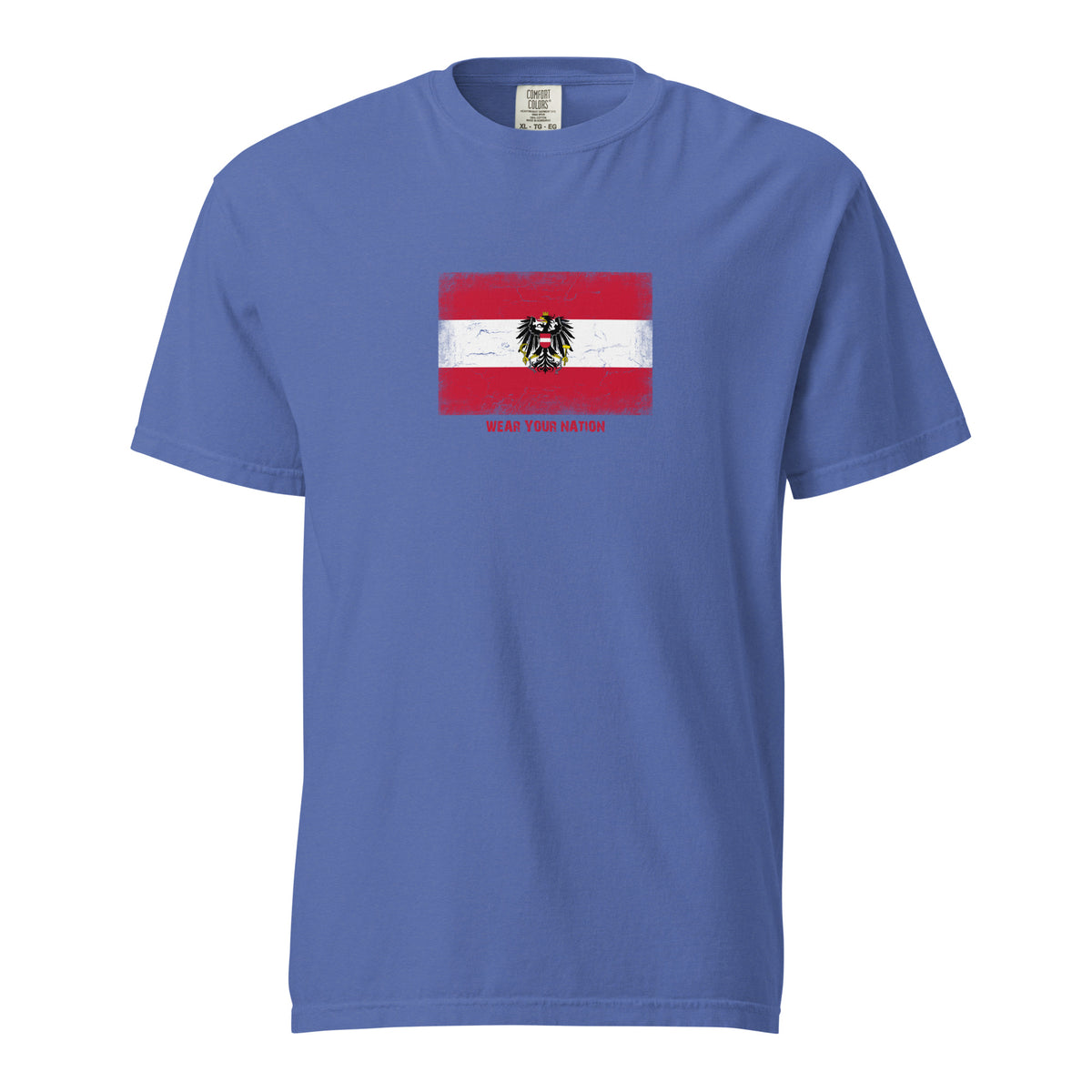 Austria flag t-shirt in Mystic Blue, vintage-washed print, large flag on the chest, unisex cut, front view
