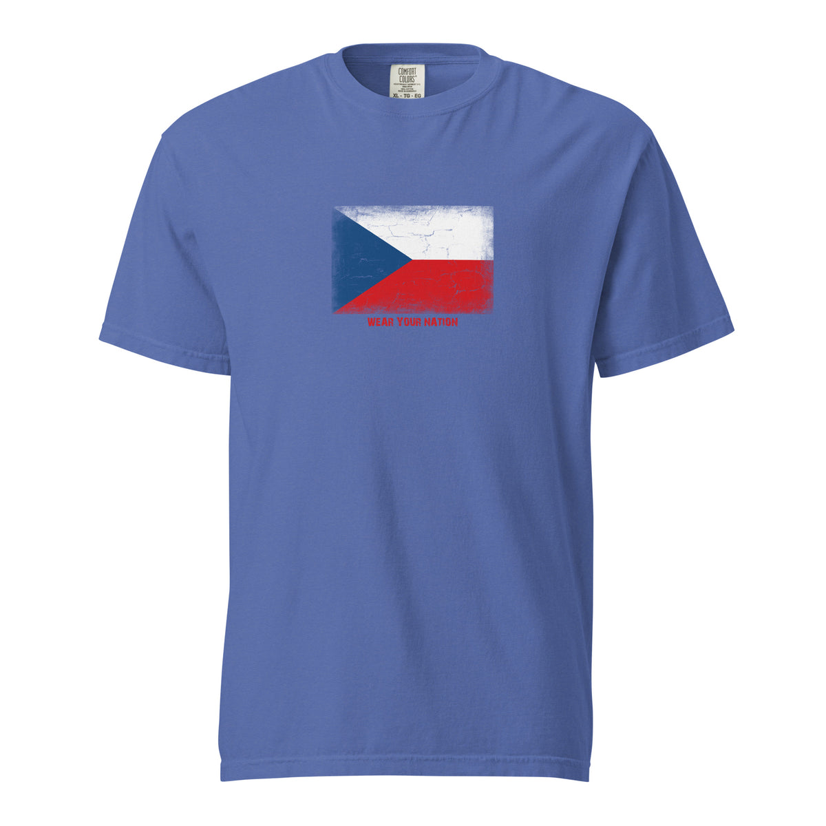 Czechia flag t-shirt in Mystic Blue, vintage-washed print, large flag on the chest, unisex cut, front view