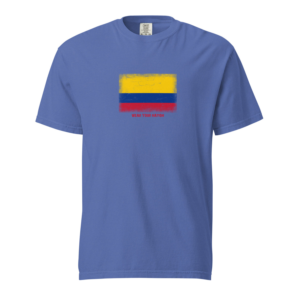 Colombia flag t-shirt in Mystic Blue, vintage-washed print, large flag on the chest, unisex cut, front view
