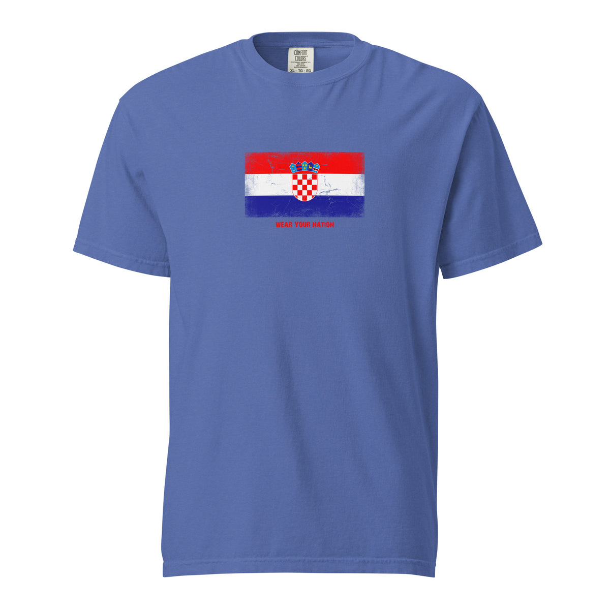 Croatia flag t-shirt in Mystic Blue, vintage-washed print, large flag on the chest, unisex cut, front view