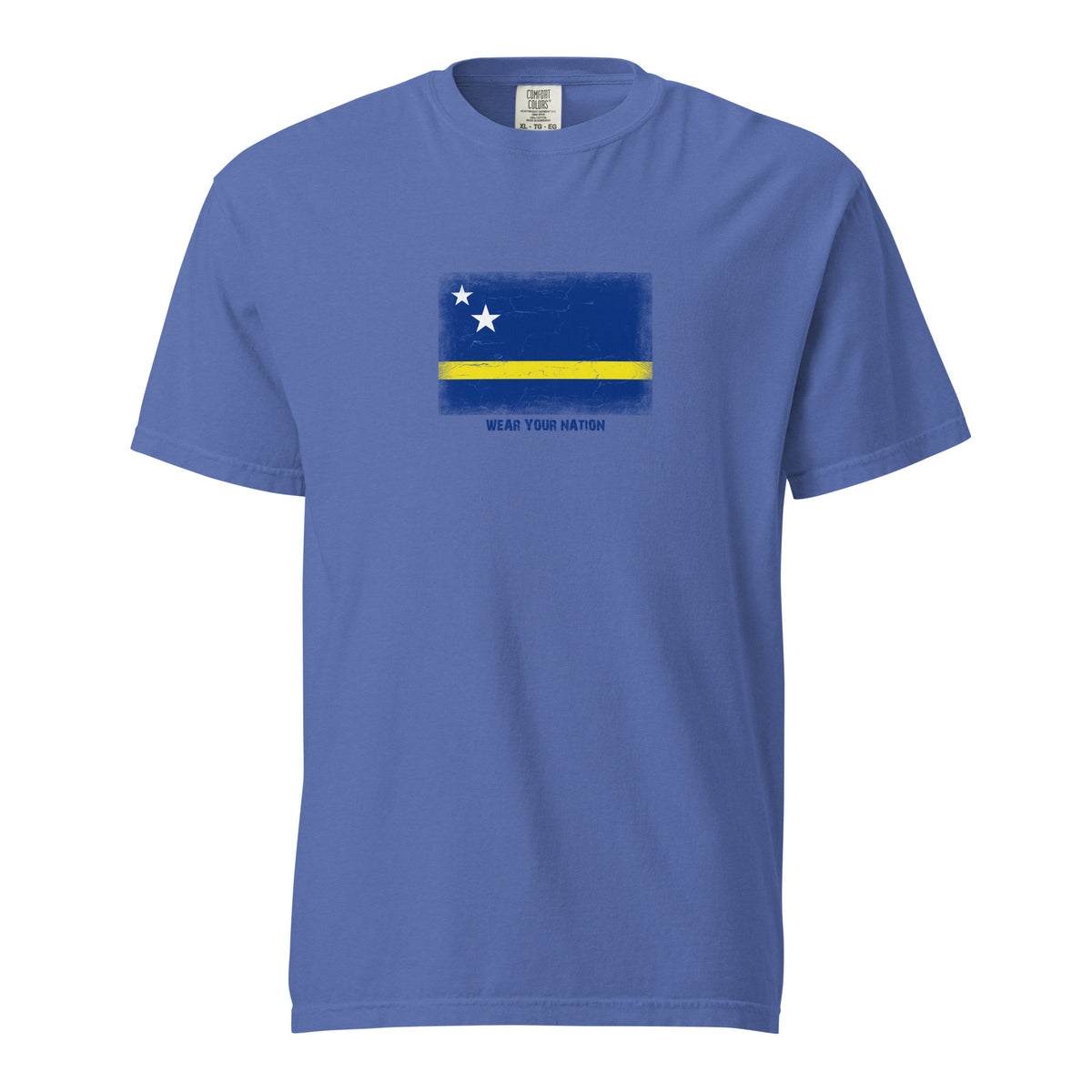 Curaçao flag t-shirt in Mystic Blue, vintage-washed print, large flag on the chest, unisex cut, front view