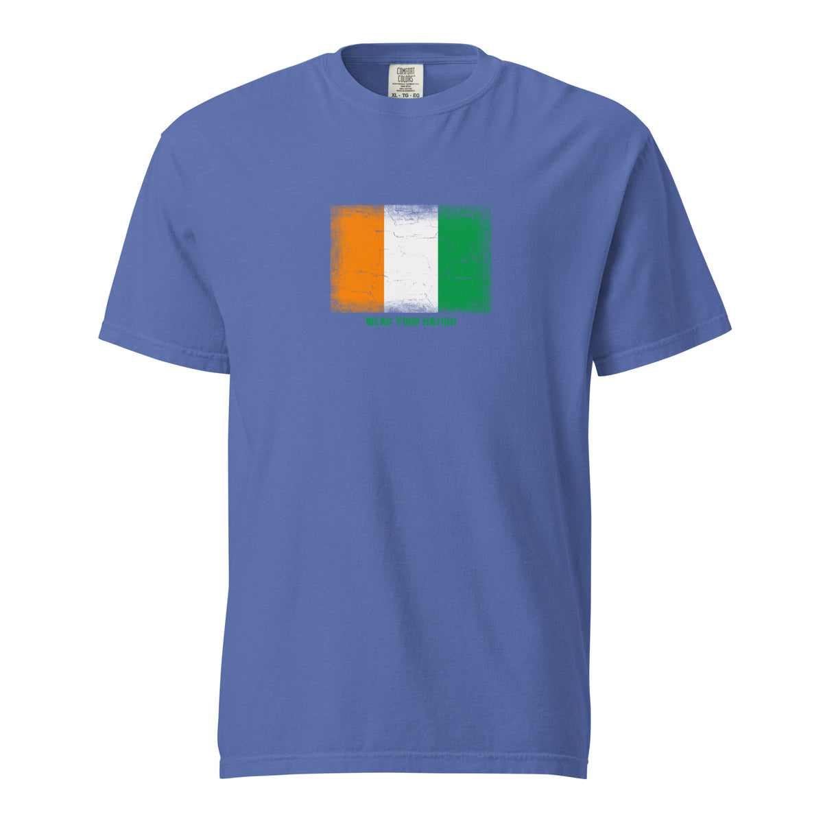 Ecuador flag t-shirt in Mystic Blue, vintage-washed print, large flag on the chest, unisex cut, front view