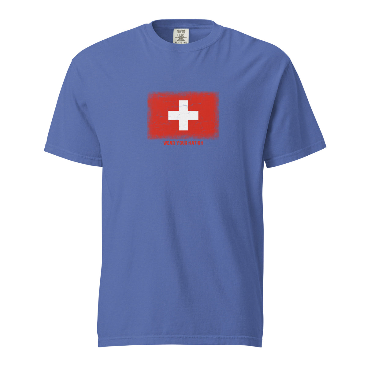 Switzerland flag t-shirt in Mystic Blue, vintage-washed print, large flag on the chest, unisex cut, front view